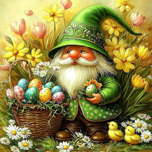 DOMROM Ostern Diamond Painting, Gnom Diamant Painting Bilder Erwachsene Eier Diamond Painting Set, Diamant Kunst Malerei Kit DIY Runder Vollbohrer Diamond Art Erwachsene für Wand Deko 30x30cm