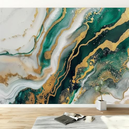Smaragdgrün Fototapete Vliestapete B350 x H256 cm, Marmor Abstrakt Fluid Art Wandkunst Tapeten Wandbilder Fototapete - XXL Moderne Wandtapete Wohnzimmer Schlafzimmer Büro Dekoration
