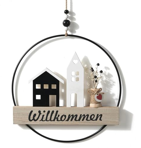 Türkranz Ganzjährig Fensterdeko Hängend Herzlich Willkommen Schild Holz Herzlich,Trockenblumenkranz Haustürdeko, Tmit Willkommensschild Trockenblumen und Haus für Homedeko Türdeko