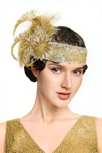 BABEYOND 1920er Jahre Feder-Flapper-Kopfschmuck – Gatsby Perlen-Pailletten-Stirnband, brüllende 20er-Jahre Accessoires für Damen (Gold)