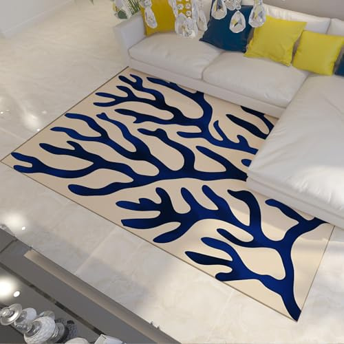 Area Teppich 60x90 Waschbarer Rutschfester Marineblauer Korallenmuster Teppiche für Wohnzimmer Schlafzimmer Esszimmer Küstenbereich Vorleger unter dem Sofa Eingangsdeko Moderne Ocean