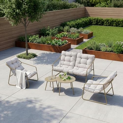 [en.casa] Gartenmöbel Set Kivanta 5-TLG. mit Kissen Beige | Sitzgruppe, Balkon Möbel Set, Outdoor, Lounge, für Garten, Sitzgarnitur, Sofa, 2 Tische, 2 Stühle, Metall