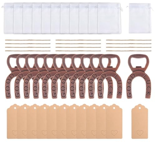 Obotsnoi 12Pcs Elegant Bridal Shower Favor Horseshoe Bottle Opener Set with Rope Wedding Accessories for Guest Horseshoe Party Opener