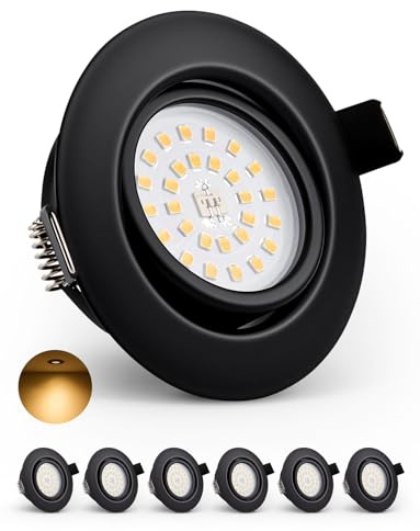 BOJIM Einbaustrahler LED 230V Schwarz Dimmbar, Energieeffizienzklasse D | Warmweiß 3000K 5.5W 650lm, 68mm Lochmaß, Spots Einbauleuchten Flach für Küche Wohnzimmer, 6er Set