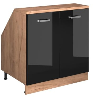 Vicco Dachschrägenschrank Rion, Schwarz Hochglanz/Goldkraft Eiche, B80 x T60 cm mit 2 Türen, platzsparend für Dachschrägen