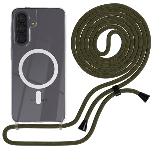 EAZY CASE - Handykette kompatibel mit Galaxy A57 Kette zum Umhängen Stoßfest Handyhülle für Galaxy A57 Silikon Hülle mit Band Handytasche Transparent als Fallschutz in Grün - Clips Schwarz
