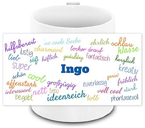 Tasse mit Namen Ingo und positiven Eigenschaften in Schreibschrift, weiss | Freundschafts-Tasse - Namens-Tasse