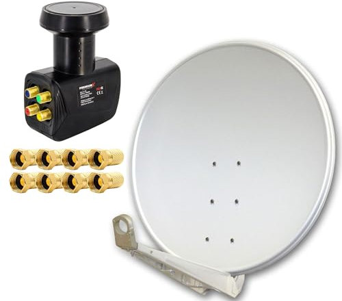 Premium X DELUXE100 cm Hellgrau Sat Schüssel Satelliten Antenne Spiegel Alu mit einem Quad LNB 4 Teilnehmer für den Direktanschluss mit F-Stecker