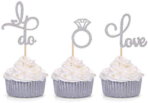 Set of 24 Silver Glitter Love Diamond Ring I Do Cupcake Toppers for Wedding Bridal Shower Engagement Party Picks