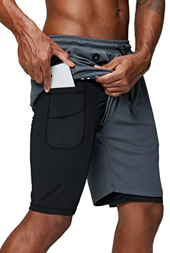 Pinkbomb Men's 2 in 1 Running Shorts Gym Workout Quick Dry Mens Shorts with Phone Pocket, Grey, XX-Large