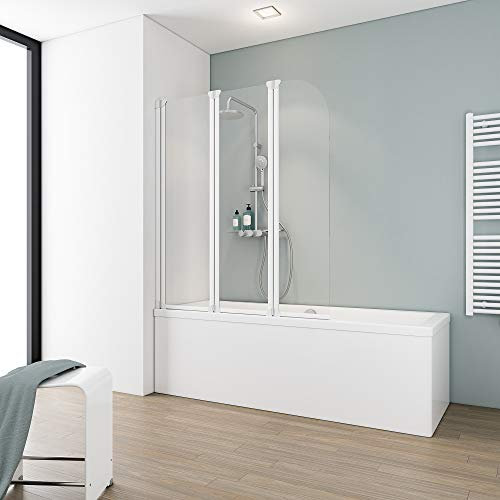 Schulte pare baignoire 124 x 140 cm, blanc, 3 volets pivotants (48+41+35), paroi de baignoire rabattable réversible, 180° contre le mur, verre de sécurité 3 mm transparent, joint d'étanchéité