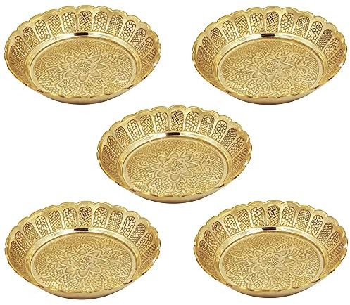 Shubhkart Massives Messing Deko Nakshi Teller Set für Puja, Dekoration & Diwali Geschenke (Groß 11cm, 5 Stück, Massives Messing)