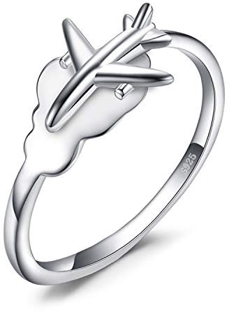 JewelryPalace Anello Mappa del Mondo con Aereo, Argento Sterling 925, Regolabile, Semplice Fedina Aperta per Anniversario, Set Gioielli Tema Viaggio per Donna