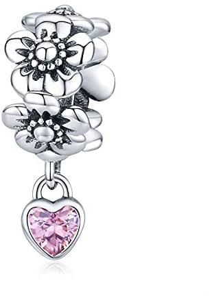 SANHUA Charm Primrose Stapelbare Blütenblätter Rosa Zirkon 925 Sterling Silber Anhänger Charm Beads Für Damen, Kompatibel Mit Allen Europäischen Armbändern