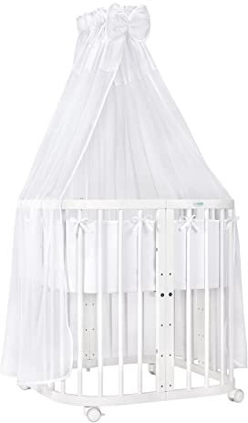 Waldin Babybett aus Holz 7in1 mit Matratze, Mitwachsendes Kinder-Bett, Belüftet, Boden 5-Fach Verstellbar, All-Inclusive-Set, Holz Weiß, Stoffe Weiß