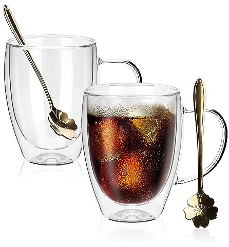 JNSMFC Double Walled Glass Coffee Mugs with 2 Spoons,350ML Set of 2 Insulated Glass Coffee Mugs with Handle,Clear Coffee Cups for Cappuccino,Espresso,Latte,Tea,Hot/Cold Beverage