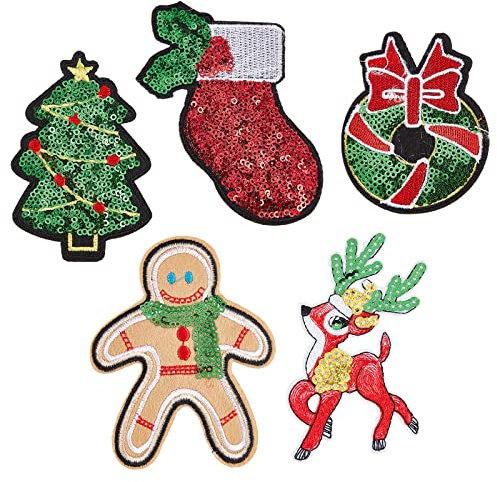 GORGECRAFT 5 Stil 20 STÜCKE Weihnachtsstrumpf Bestickte Patches Weihnachten Hirsch Pailletten Weihnachtsbaum Applikationen Für Jacken Jeans Rucksack T-Shirt