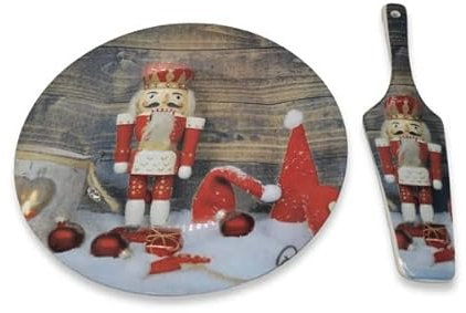 Piatto Porta Panettone Dolci di Natale con Paletta Decorazioni Casa Idea Regalo Centro Tavola Natalizio in Ceramica, Diametro 27 Centimetri, Decoro Schiaccianoci Rosso e Neve