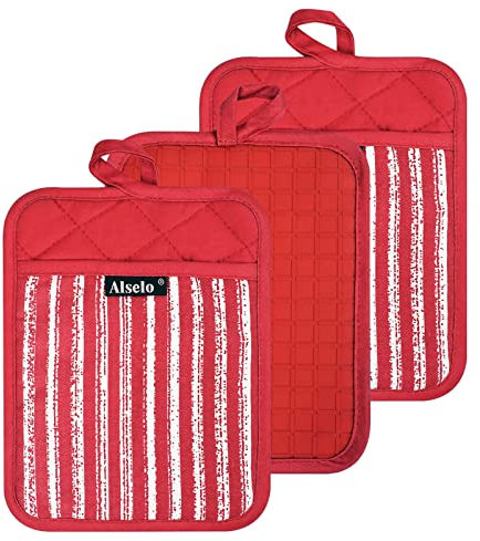 Alselo Lot de 3 maniques en silicone résistantes à la chaleur et antidérapantes, avec poches pour cuisine, pâtisserie, barbecue (rouge)
