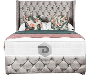 DECORE4U LTD Silver Plush Chesterfield Divan Bed | Bed Frame with Mattress Spring Memory Foam and 2 Storage Drawers | Bed Base with 48” Chesterfield Headboard & Footboard (5FT King Size Divan Bed)