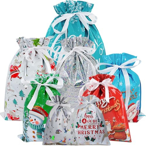 LECONCES Large Christmas Drawstring Gift Bags, 30 PCS Xmas X-Large,Large,Medium and Small Wrapping Bags, 8 Design Xmas Bags for Christmas Party, Presents, Holiday