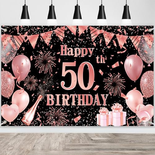 Happy 50th Birthday Banner, Black Rose Gold Party Decoration, Large 50th Birthday Sign Poster for Photo Booth Background