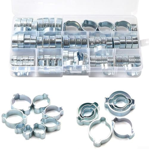 80 abrazaderas de manguera de doble oreja de acero inoxidable, abrazadera de manguera de doble oreja para manguera de aire y gasolina con caja de almacenamiento