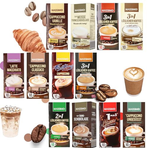 MASSIMO Instant Kaffee Sticks - Alle 12 Sorten - löslich, schnelle Zubereitung - 12er Probierpack Getränkepulver - Kaffeespezialitäten