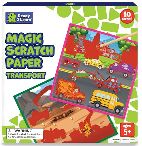 READY 2 LEARN Magic Scratch Paper - Transport - 10 Vibrant Scenes - Scratch Art for Kids - Reveal Colorful, Travel Designs