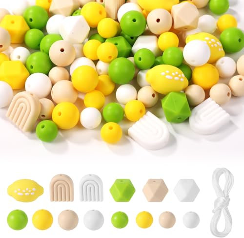 100 Pièces Perles Citron, Perles en Silicone Colorées Hexagonales Fruits Rondes avec Corde en Nylon pour Bricolage Artisanat Fabrication de Porte-Clés Bracelets Colliers Maison Décoration