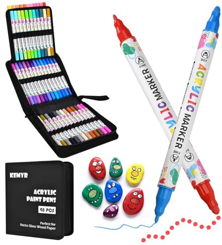 KEMYR 48 Farben Acrylstifte, dünne & dicke Spitze, mit Aufbewahrungstasche | 1‑5 mm Punktspitze & 1 mm Pinselspitze Acrylmarker, wasserfest, hohe Deckkraft für Steine, Holz, Glas, Keramik & Papier