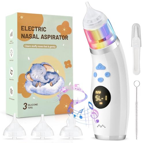 Hjh Nasensauger Baby, Wiederaufladbar Nasensauger Baby Elektrisch, IP65 Wasserdicht Elektrischer Nasensauger Staubsauger für Neugeborene mit 5 Saugmodi, Buntem Licht und Musik, 3 Silikonspitzen