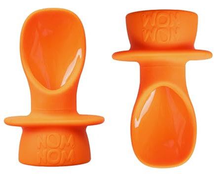 Nom Nom Kids | Baby Pouch Spoons | 2 Spoons + a Travel Bag | Little Nom Nom Silicone weaning Spoon for use with Baby Food Pouches and Reusable Pouches | Parent Travel Essentials (Orange)