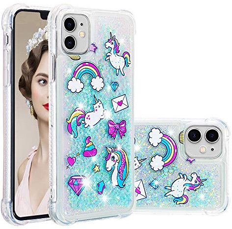 SIYOPINPFY Compatible With iPhone 11 Case Glitter for Women Girls, Moving Liquid Glitter Sparkle Silicone Bumper Anti-Scratch Protection Case for iPhone 11, Blue Unicorn YB