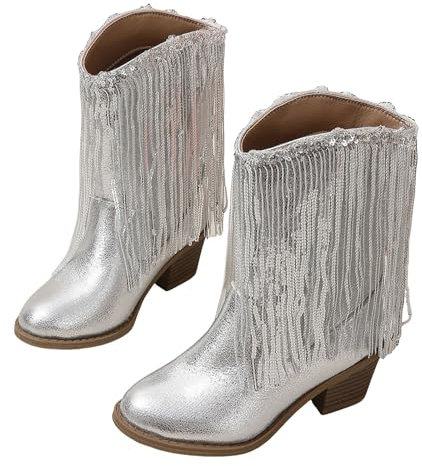 Stivali da bambina a metà polpaccio, punta a punta, stivali da cowboy, scarpe da equitazione western, con nappe e paillettes, tacco basso, per autunno inverno, feste, in pelle, alla moda, Argento, 32