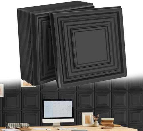 YRHome 48 Stück 3D Wandpaneele Hochsteifes PVC Wandverkleidung Deckenpaneele Paneele Wanddeko Paneele Wand Platten Paneele Hitzebeständig Wasserfest, 50x50cm, 12m², Stufen Schwarz