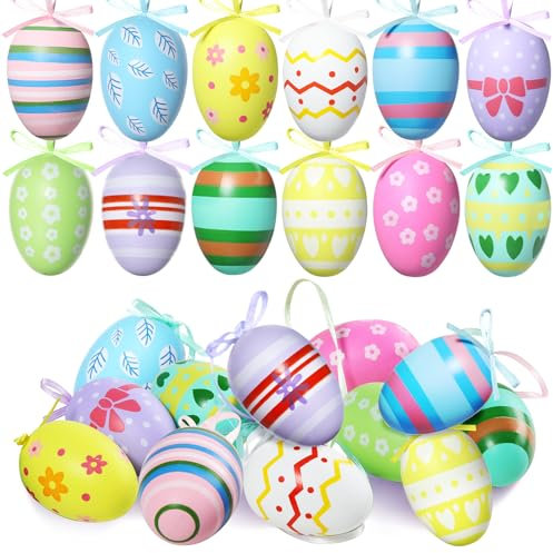 ZZOUFI Oeufs de Paques Decoration à Suspendre, 24pcs Faux Oeufs de Paques en Plastique, Decoration Oeuf de Paques Multicolore Exterieur