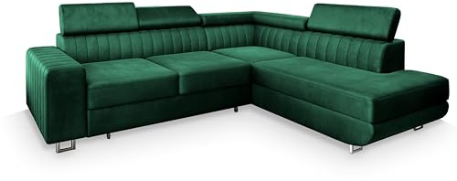 Masseno Ecksofa NOLA R-S mit Schlaffunktion L-Form, Klassisch Sofa mit Bettkasten, Wohnzimmersofa, Couch, Soffa, Bettsofa, Couchgarnitur - Grün, Monolith 37