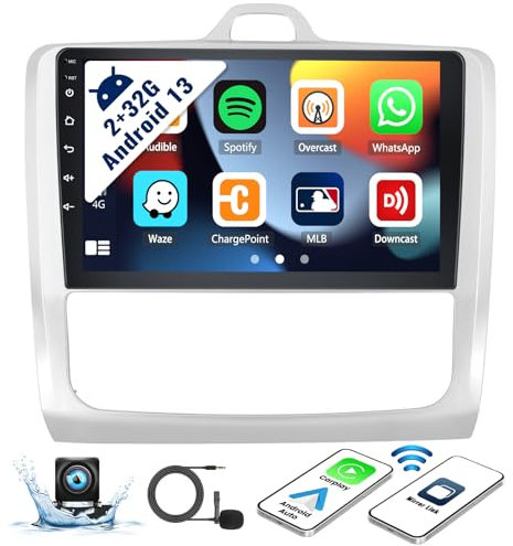 SIXWIN Android Car Stereo for Ford Focus Exi MT 2 3 Mk2/Mk3 2004-2011 2G+32G with Wireless CarPlay Android Auto 9 Inch Touchscreen with Bluetooth GPS Navigation WiFi FM Backup Camera MIC
