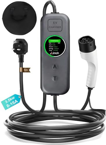 EV Charger Cable Type 2 to 3 Pin Plug, 5M 3.5kW Electric Car Charger, 8/10/13/15/16A Adjustable Type 2 Charging Cable, EV Charger with LED Indicator, Ev Charging Cable for EV & PHEV