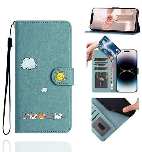 Jeffene Coque Portefeuille pour Samsung Galaxy A56 avec Porte-Cartes, Vert | Motif Chat Mignon avec Lanyard, Cuir PU, Rabat Magnétique, Antichoc, Porte-Cartes 3 Fentes, Support Vidéo, pour Femme