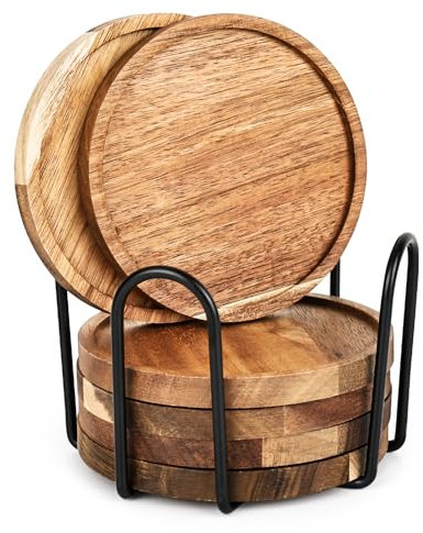 XTDMJ 6 posavasos redondos de madera de acacia con soporte, posavasos de cristal posavasos de corcho para té, bebidas, tazas, latas, vasos