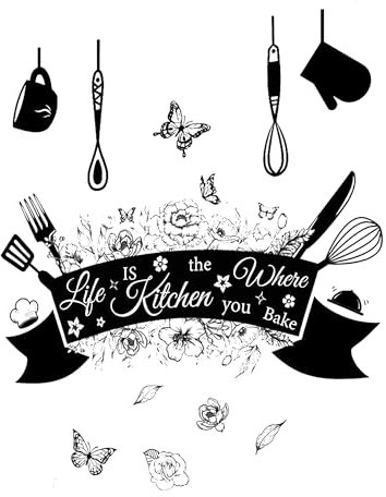 SEABABOO Wall Tattoo Kitchen Wall Sticker Kitchen Cooking Wall Sticker Kitchen Black Wall Sticker Sayings Tableware Butterfly Flowers for Dining Room Kitchen Cabinet Wall Decoration (Black, M1)