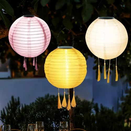 Solar Lampions, 3 Stück 20 CM Lampions Außen Wetterfest, LED Wasserdicht Lampion mit 4 Quaste, Hängende Nylon Laterne für Gärten, Höfen, Balkonen, Hochzeit Dekoration (A)