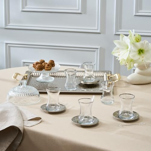 Karaca Deniz Turkish Tea Cups Set of 19, Turkish Tea Glasses Cups and Saucers for 6 People, Includes Tray, Saucers, Teaspoons, 130ml