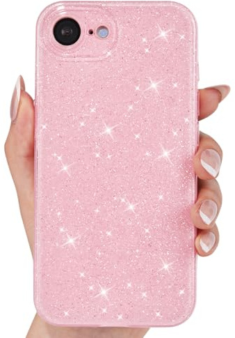 Svanove for iPhone SE Case Glitter 2n 3rd Generation 2020 2022, Sparkly Girly Cute Bling Sparkle Shiny Bright Phone Case for Women, Glittery Thin Slim Jelly Soft Silicone Rubber Gel Cover, Light Pink