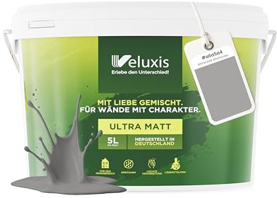 Veluxis Wandfarbe Grau Hellgrau Anthrazit matt 5 L – Attractive Anchovies | Innenfarbe mit Deckkraft Klasse 1, VOC-frei, ohne Grundierung, tropfarm, für Wohnzimmer und Schlafzimmer