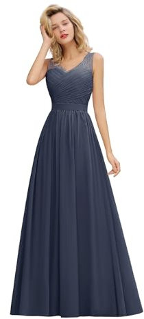 DYYEUAVT Abiti da Damigella Rosa Antico in Chiffon e Pizzo, Lunghi, a Trapezio, da Sposa, da Ballo, da Sera, da Festa, Robe De Soirée De Mariage(Stormy,14)