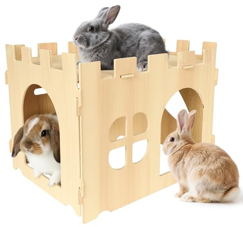 Maison à lapin en bois 40 x 30 x 30 cm, grand château de lapin amovible pour lapins, cochons d'Inde, chinchilla, hérissons, hamsters, rats, furets