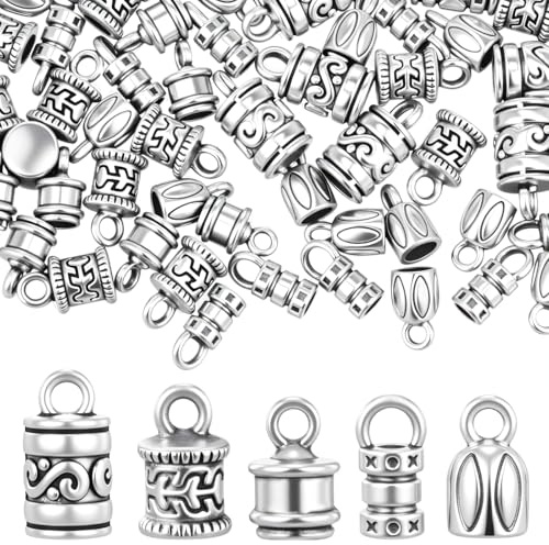 Xinjoduz 100 PCS Cord End Caps for Jewelry Making, Antique Silver Alloy Crimp Beads End Caps Terminator Ended Tube Tips with Lobster Clasps Jump Rings for DIY Crafts Bracelets & Necklaces (5 Styles)
